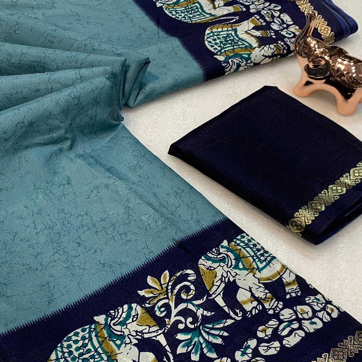 Teal Dola Silk Saree With Abstract Patterns And Kalamkari Pallu Art