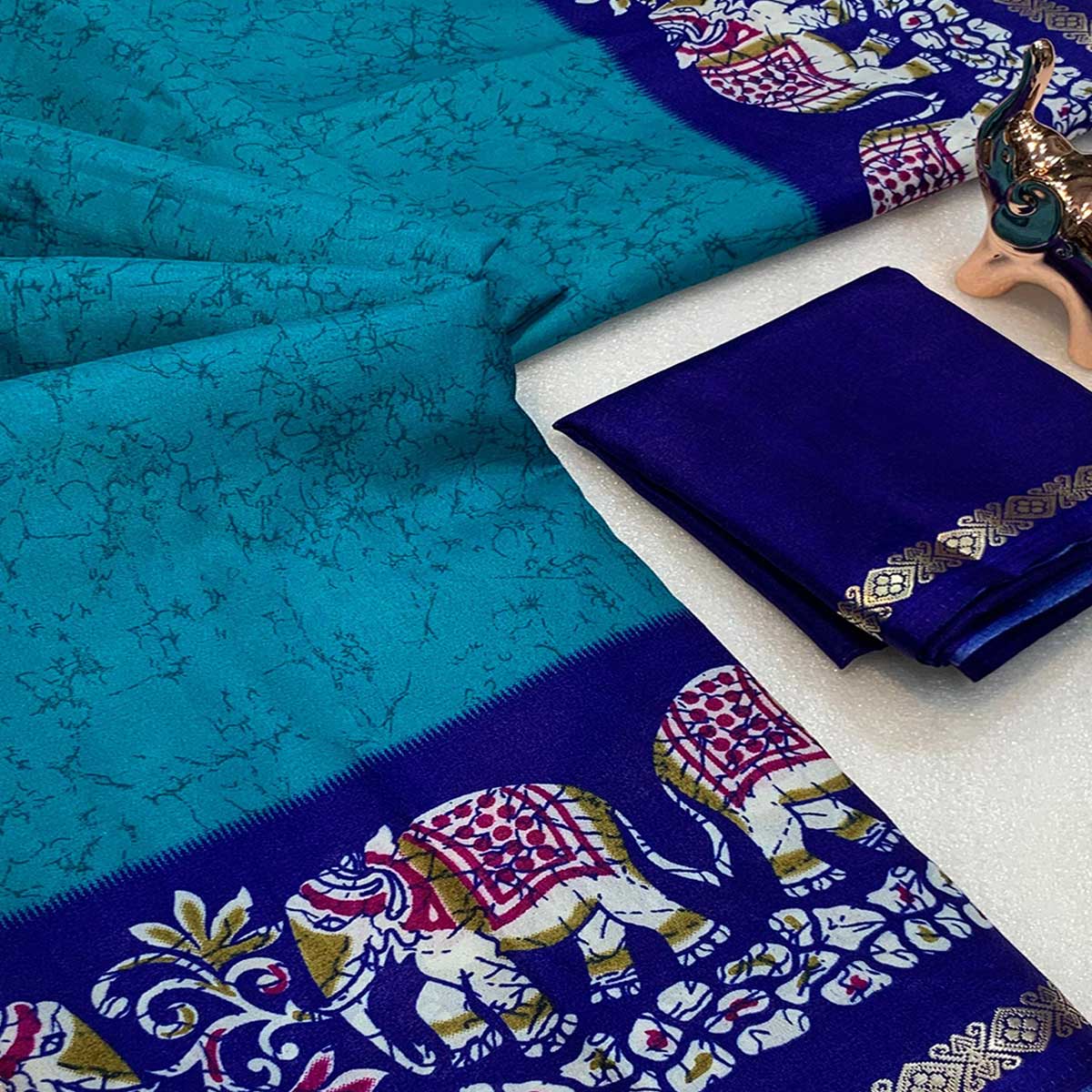 Turquoise Dola Silk Saree With Abstract Patterns And Kalamkari Pallu Art