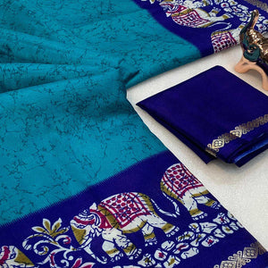 Turquoise Dola Silk Saree With Abstract Patterns And Kalamkari Pallu Art