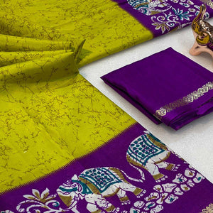 Lime Yellow Dola Silk Saree With Abstract Patterns And Kalamkari Pallu Art