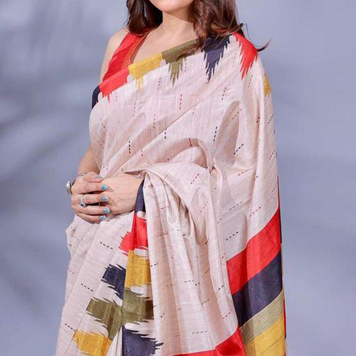 Beige Digital Printed Tussar Silk Saree