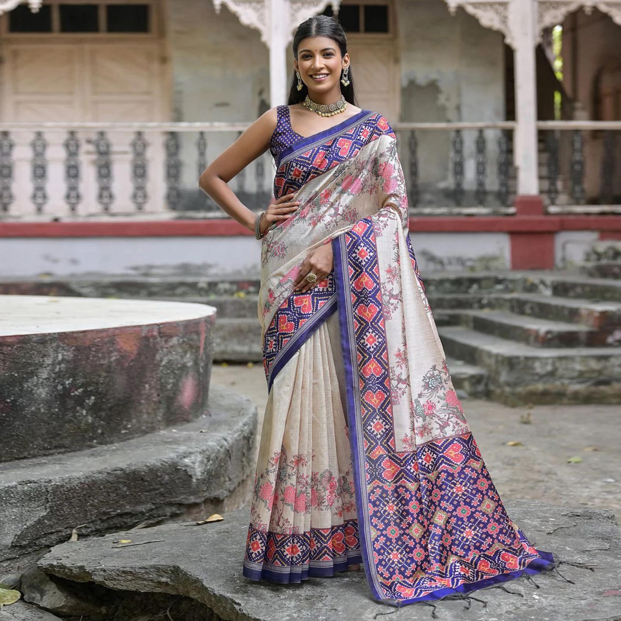 Beige & Blue Floral Printed Tussar Silk Saree