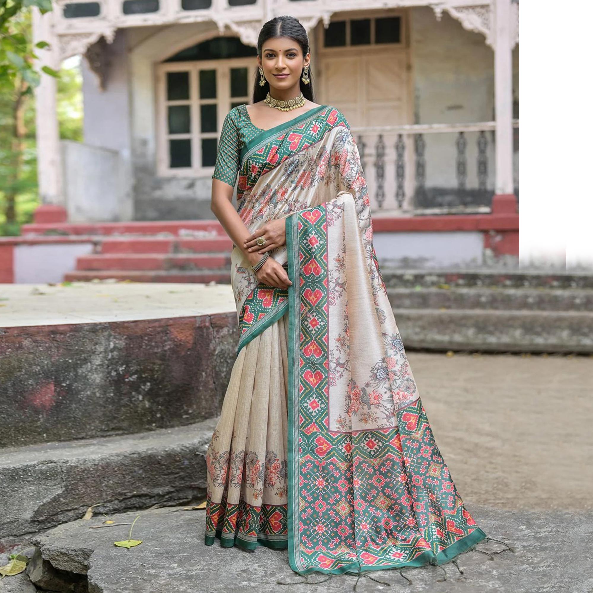 Beige & Green Floral Printed Tussar Silk Saree