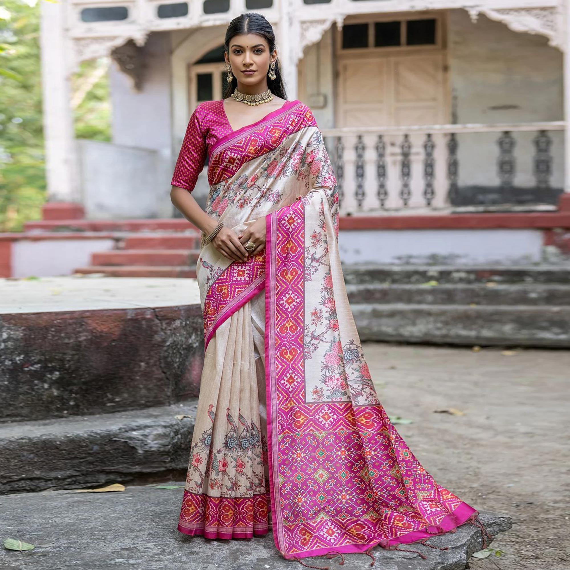 Beige & Pink Floral Printed Tussar Silk Saree