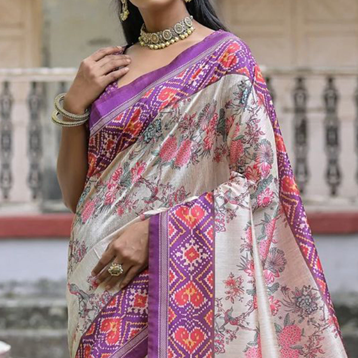Beige & Purple Floral Printed Tussar Silk Saree