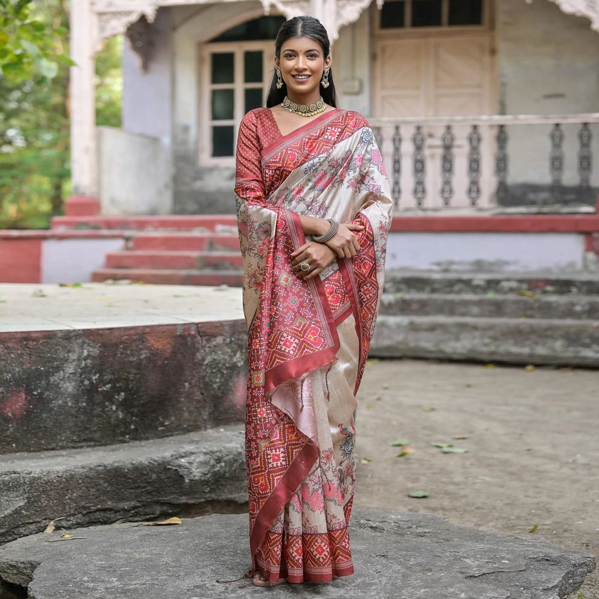 Beige & Red Floral Printed Tussar Silk Saree