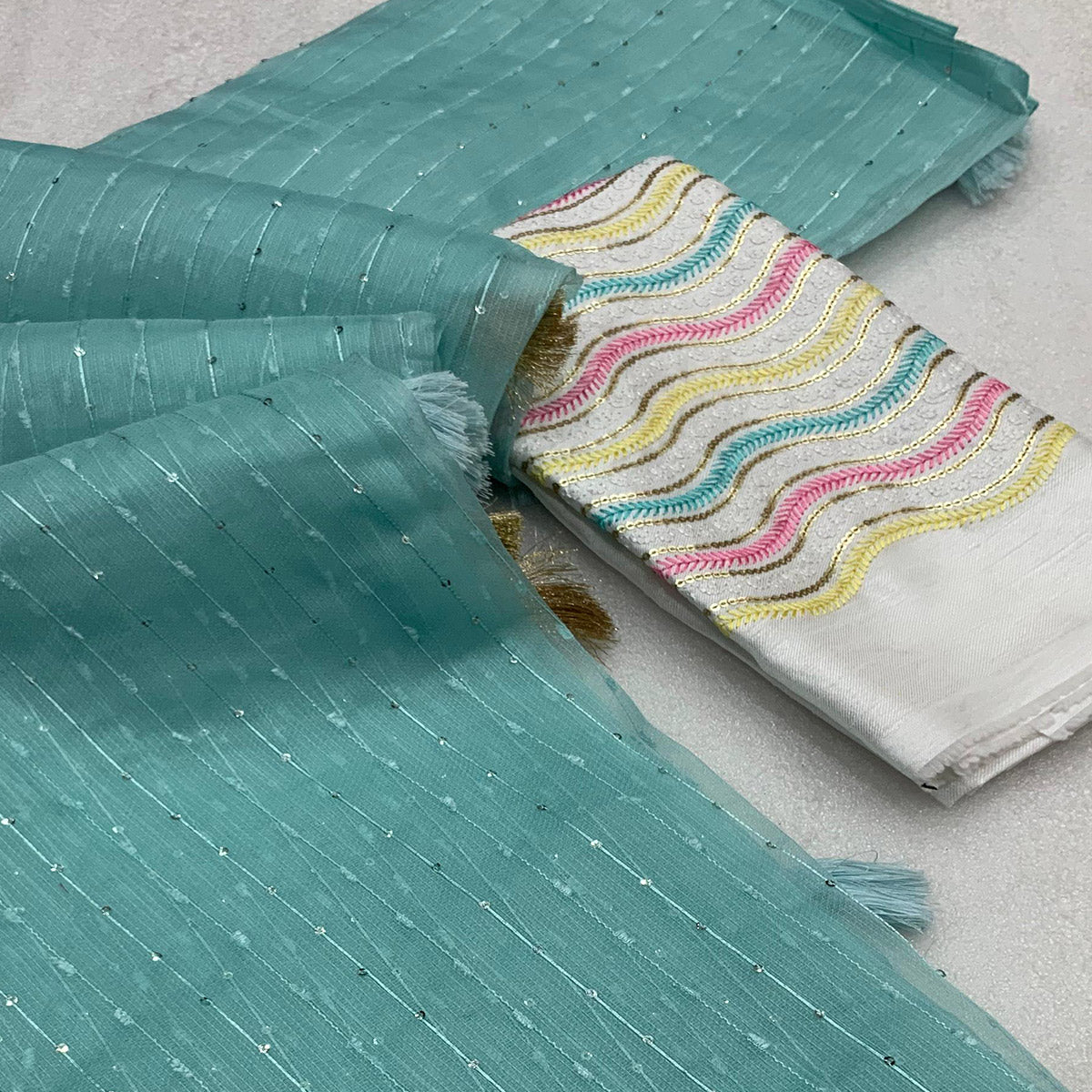 Aqua Blue Sequins Embroidered Organza Saree