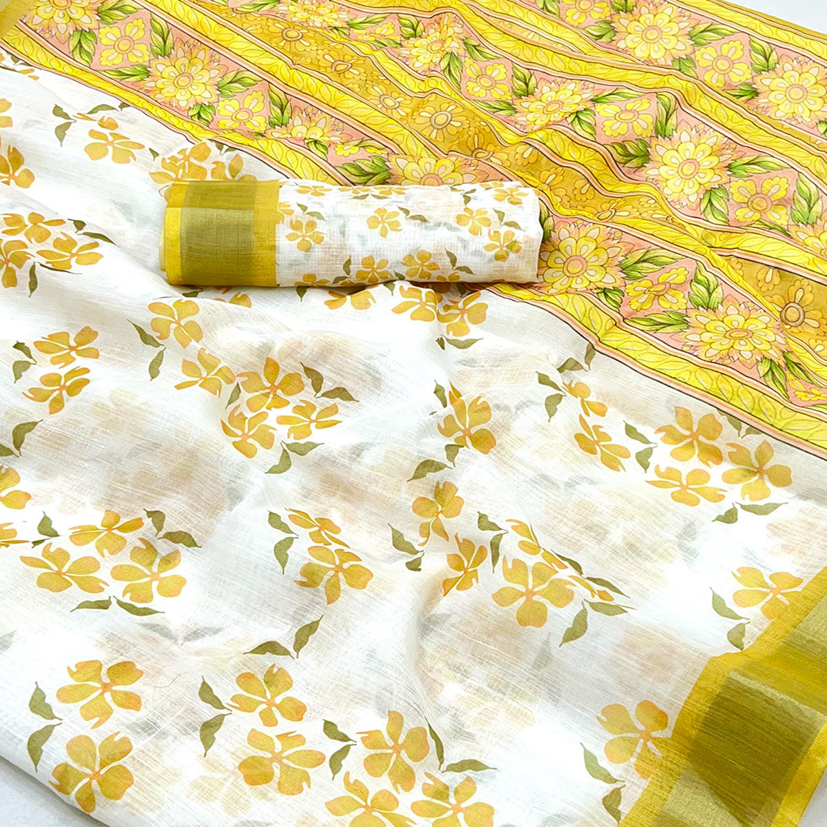 White & Yellow Floral Printed Linen Saree