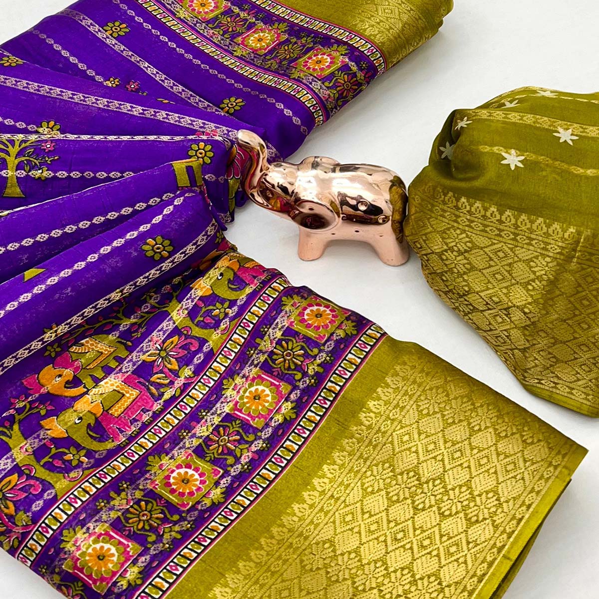 Regal Purple Weaving Dola Silk Saree Adorned With Artistic Elephant & Floral Print
