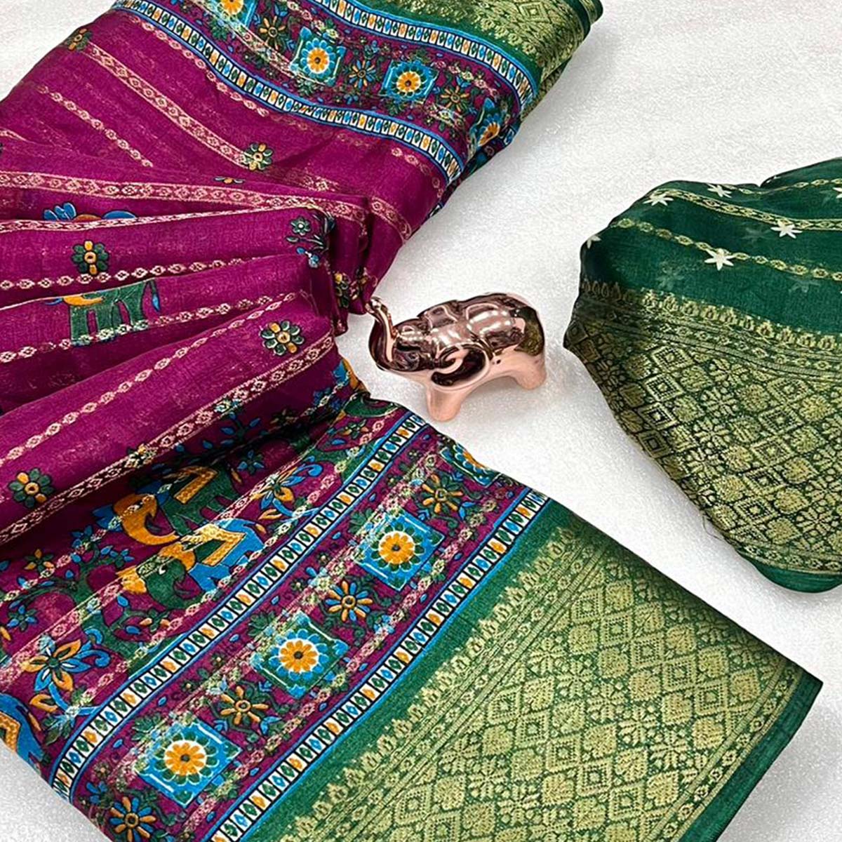 Regal Wine Weaving Dola Silk Saree Adorned With Artistic Elephant & Floral Print
