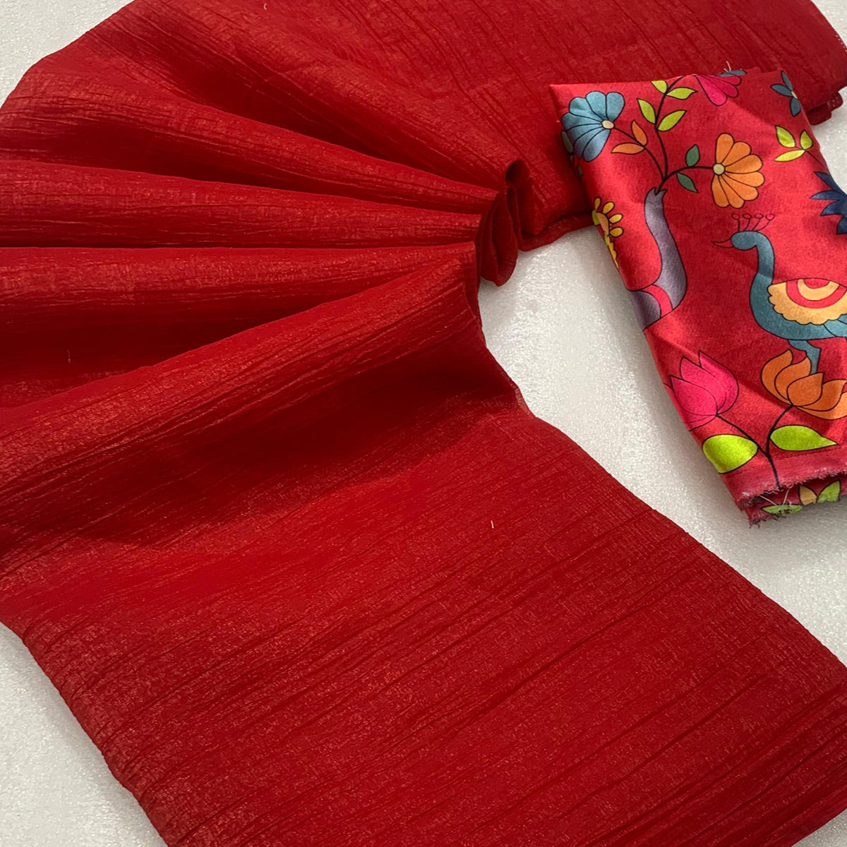 Red Solid Crepe Crush Saree