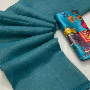 Teal Solid Crepe Crush Saree