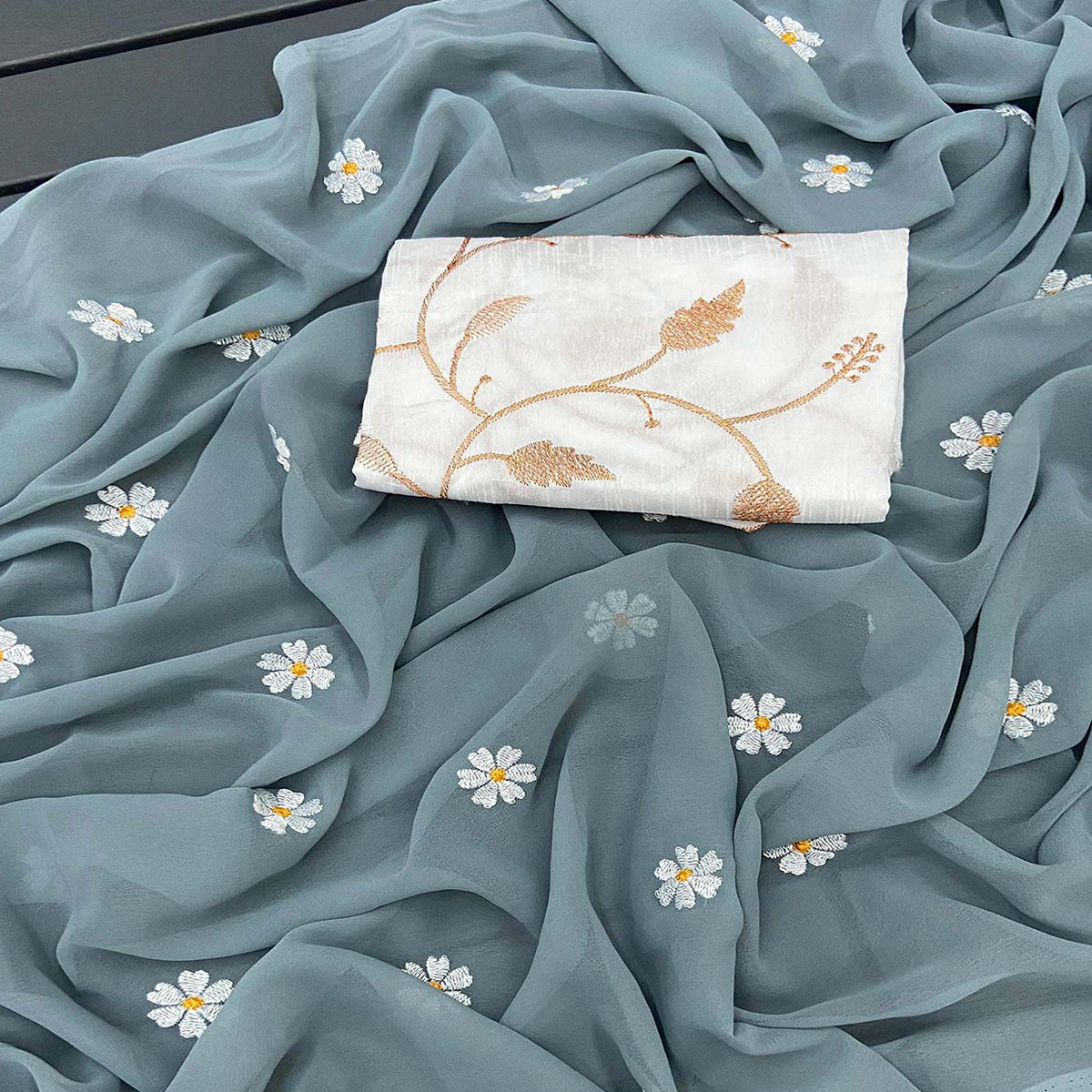 Grey Floral Embroidered Georgette Saree