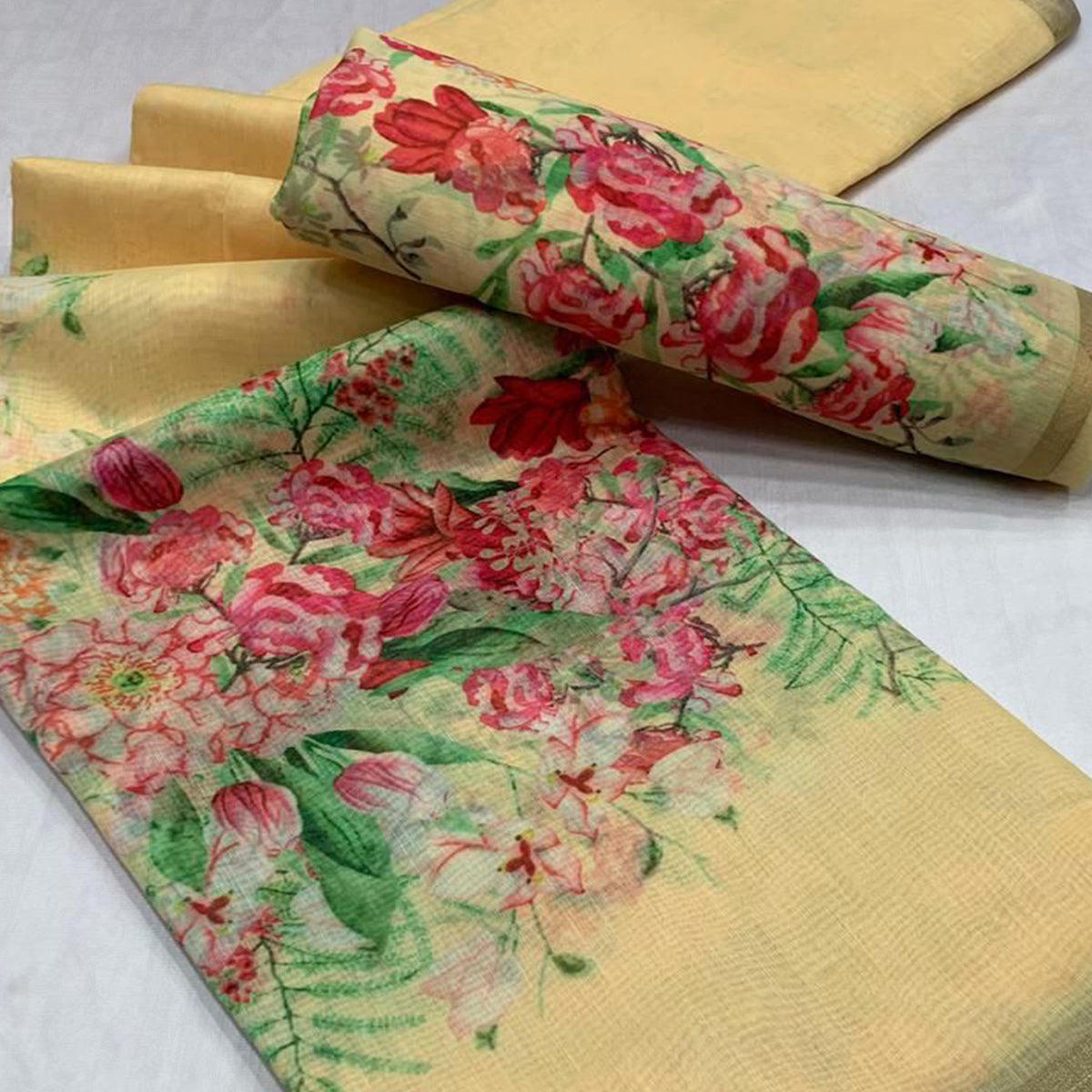 Light Yellow Floral Digital Printed Linen Saree