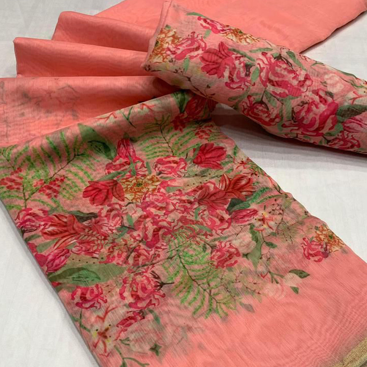 Peach Floral Digital Printed Linen Saree