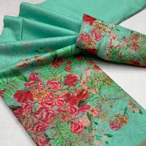 Turquoise Floral Digital Printed Linen Saree