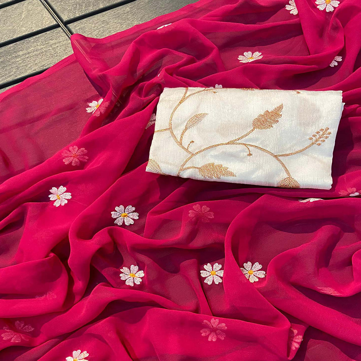 Rani Pink Floral Embroidered Georgette Saree