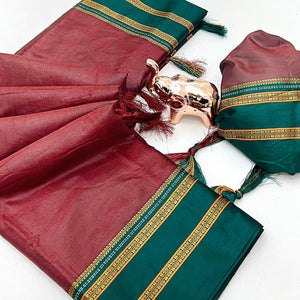 Classic Maroon Solid Weaving Pure Silk Saree Accented With Woven Striped Pallu & Tassel Finish