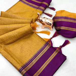 Classic Mustard Solid Weaving Pure Silk Saree Accented With Woven Striped Pallu & Tassel Finish