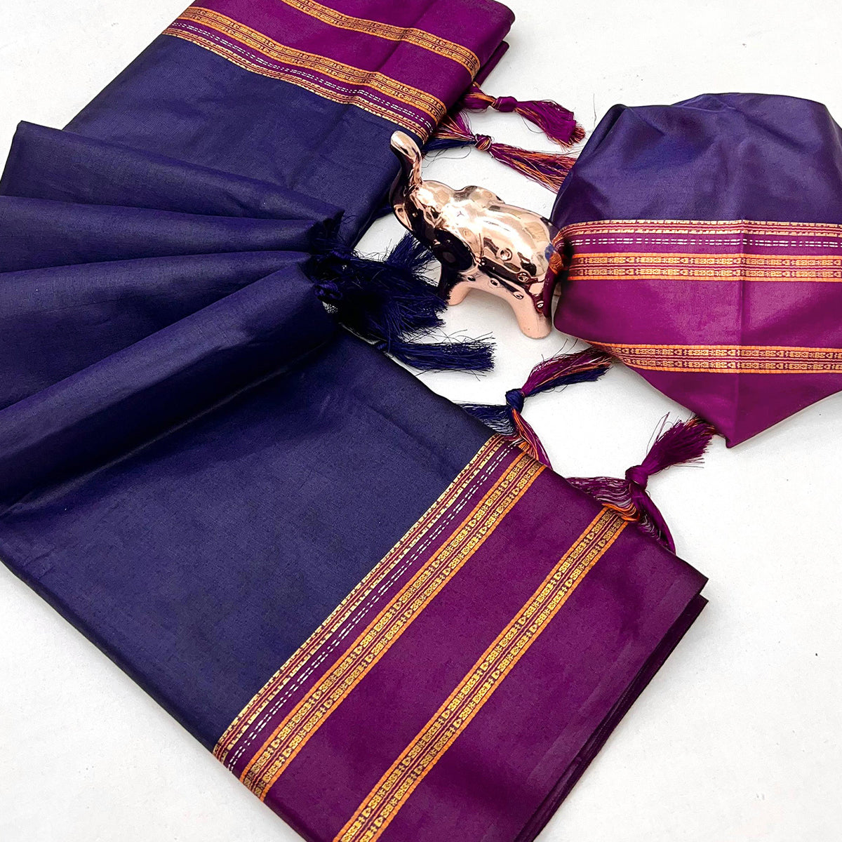 Classic Navy Blue Solid Weaving Pure Silk Saree Accented With Woven Striped Pallu & Tassel Finish