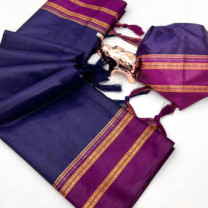 Classic Navy Blue Solid Weaving Pure Silk Saree Accented With Woven Striped Pallu & Tassel Finish