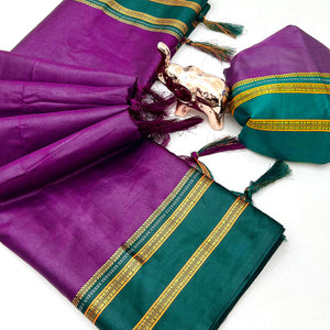 Classic Purple Solid Weaving Pure Silk Saree Accented With Woven Striped Pallu & Tassel Finish