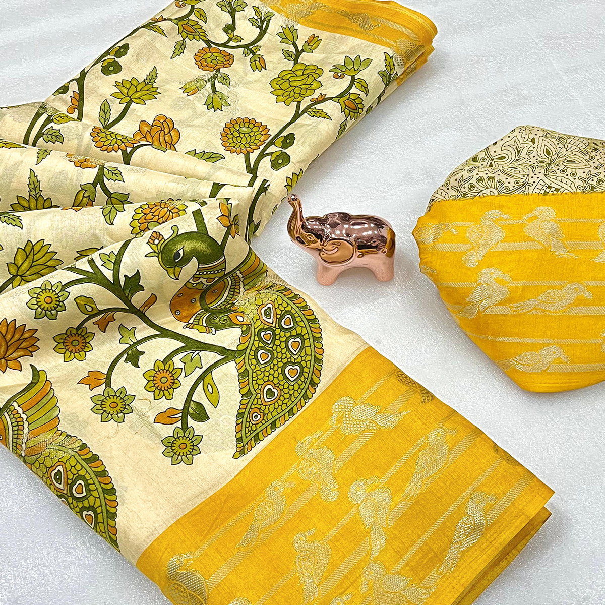 Elegant Cream & Yellow Cotton Blend Saree Adorned With Vibrant Peacock Floral Print