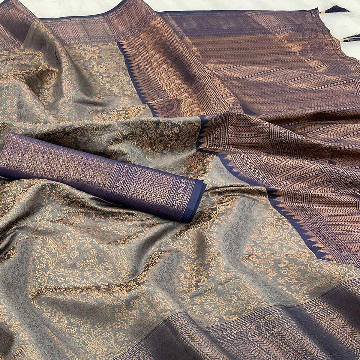 Grey Woven Banarasi Silk Saree With Tassels