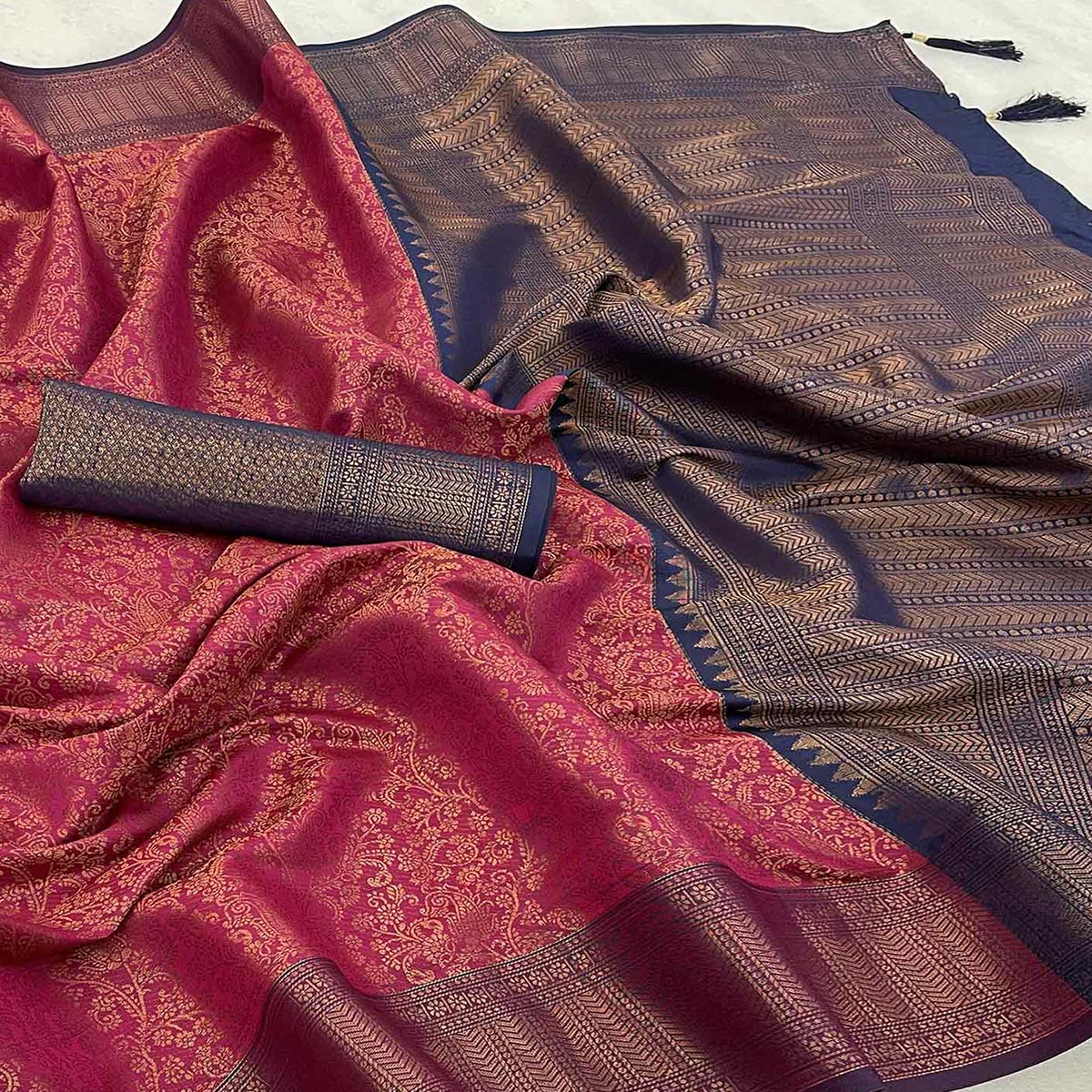 Magenta Woven Banarasi Silk Saree With Tassels