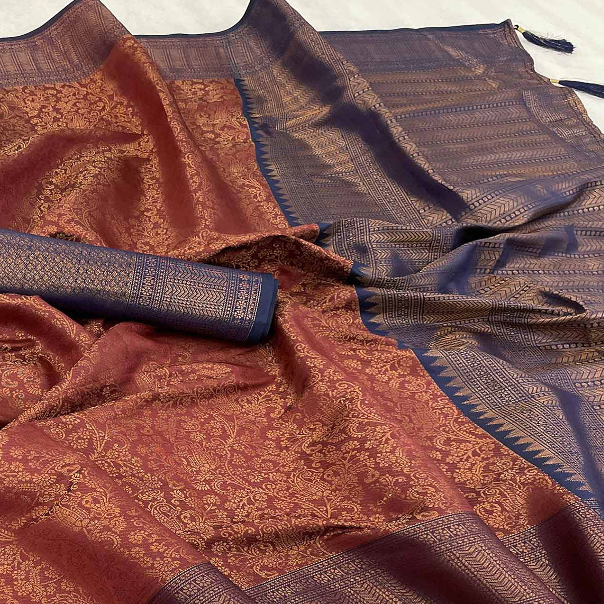 Rustic Red Woven Banarasi Silk Saree With Tassels