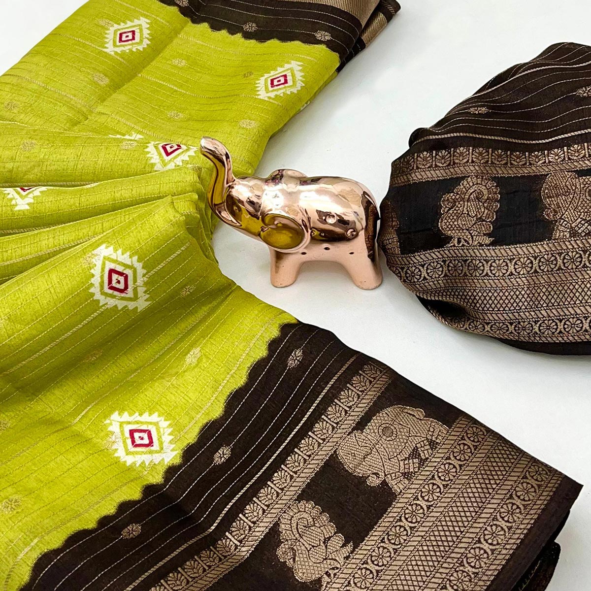 Charming Green Printed Cotton Silk Saree With Elephant & Peacock Design Weaving Border