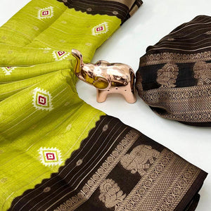 Charming Green Printed Cotton Silk Saree With Elephant & Peacock Design Weaving Border