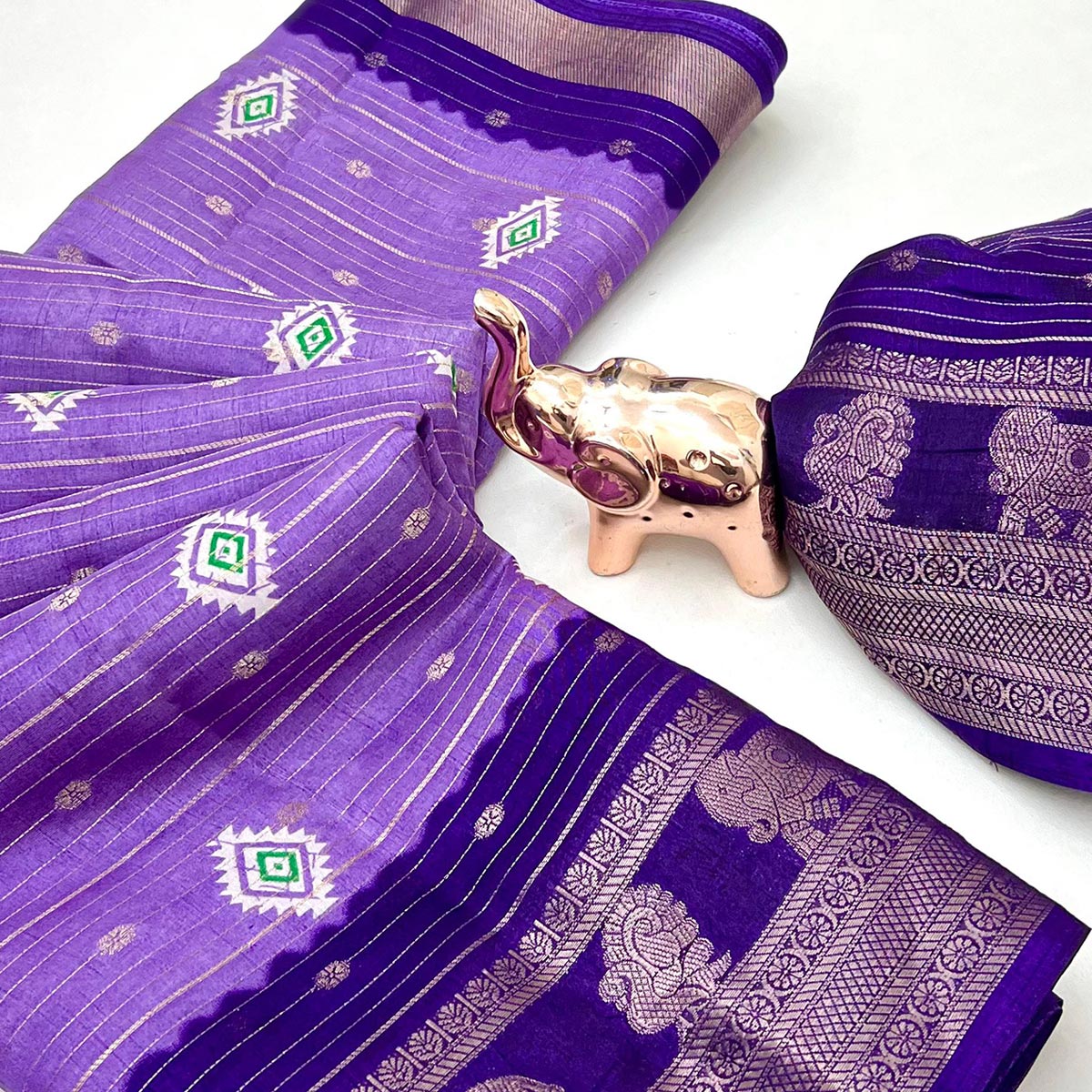 Charming Lavender Printed Cotton Silk Saree With Elephant & Peacock Design Weaving Border
