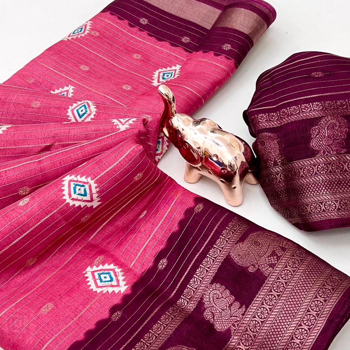 Charming Pink Printed Cotton Silk Saree With Elephant & Peacock Design Weaving Border