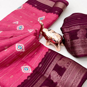 Charming Pink Printed Cotton Silk Saree With Elephant & Peacock Design Weaving Border