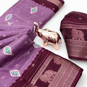 Charming Purple Printed Cotton Silk Saree With Elephant & Peacock Design Weaving Border