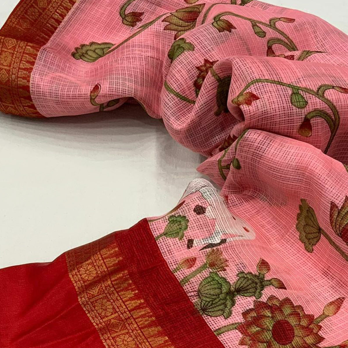 Baby Pink Floral Printed Kota Doria Saree