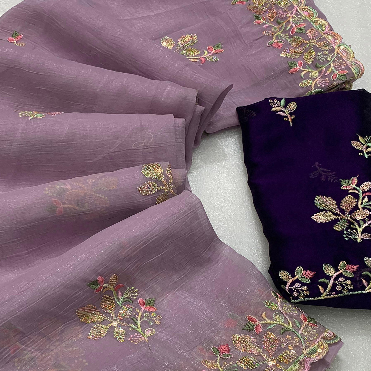 Purple Floral Embroidered Crunchy Chiffon Saree
