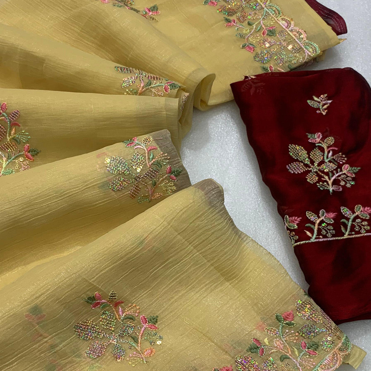 Yellow Floral Embroidered Crunchy Chiffon Saree