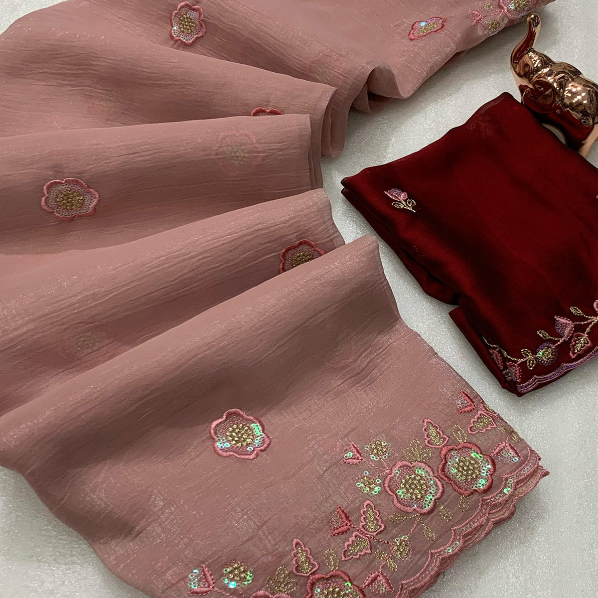 Dusty Peach Floral Sequins Embroidered Chiffon Saree