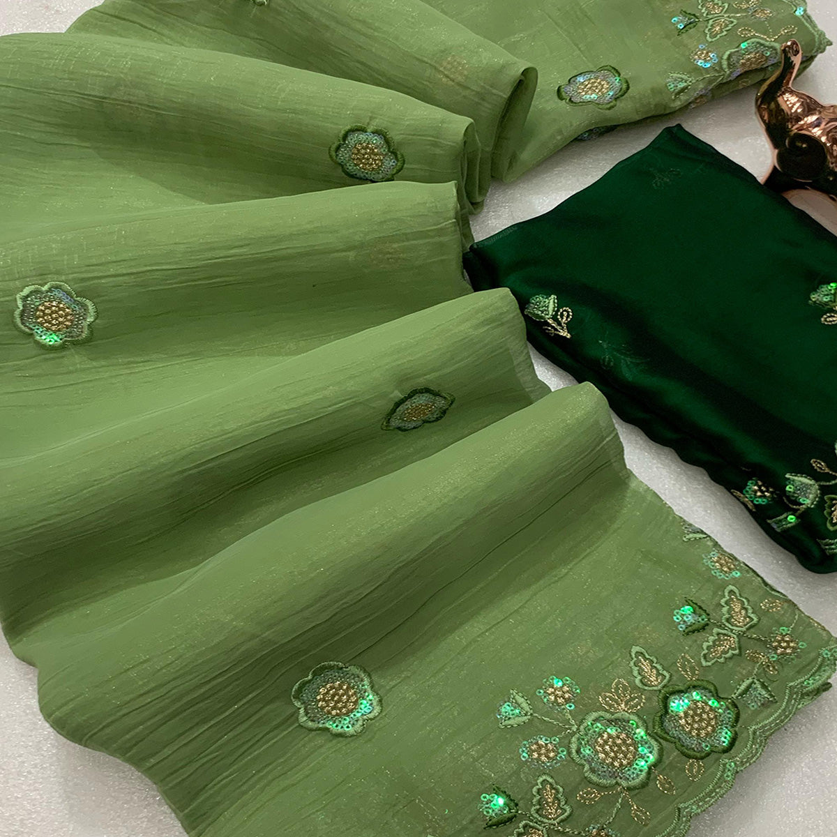 Green Floral Sequins Embroidered Chiffon Saree