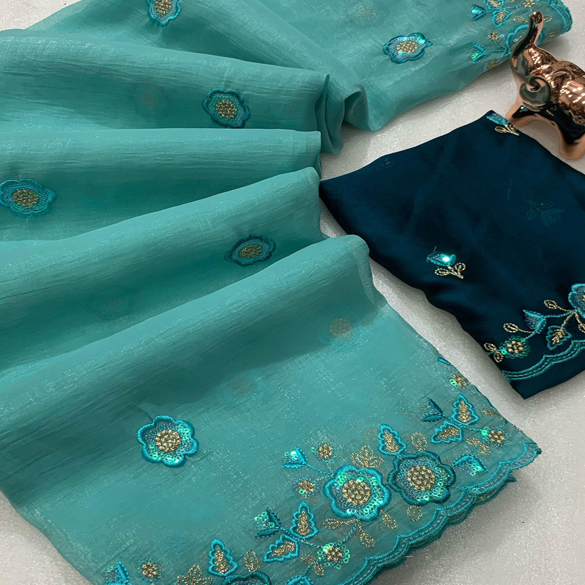 Turquoise Floral Sequins Embroidered Chiffon Saree