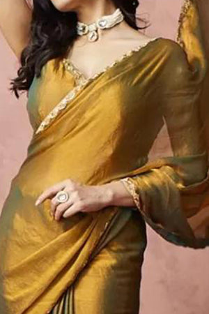 Shimmering Metallic Gold Chiffon Solid Saree With Stone Detailing