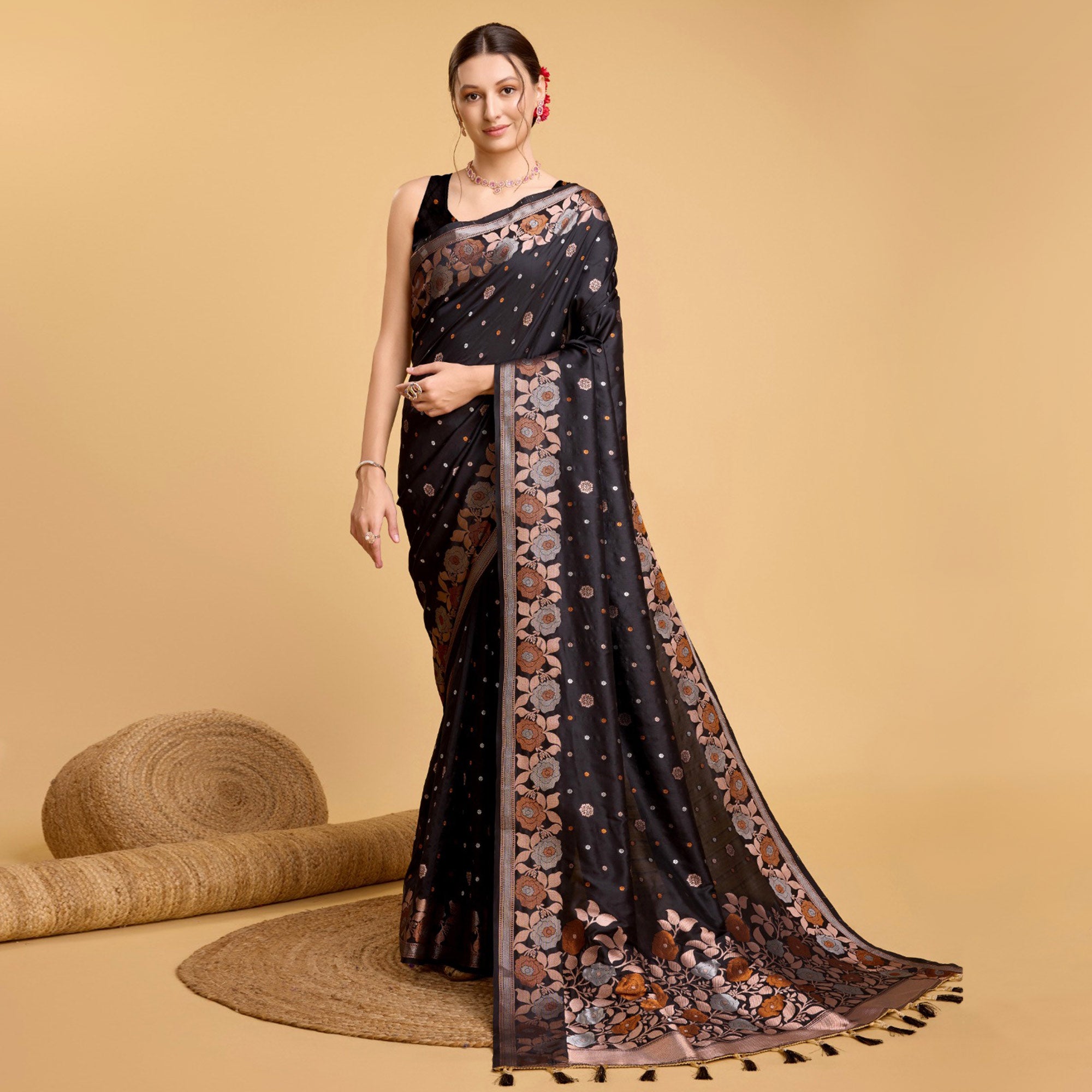Black Floral Woven Banarasi Silk Saree