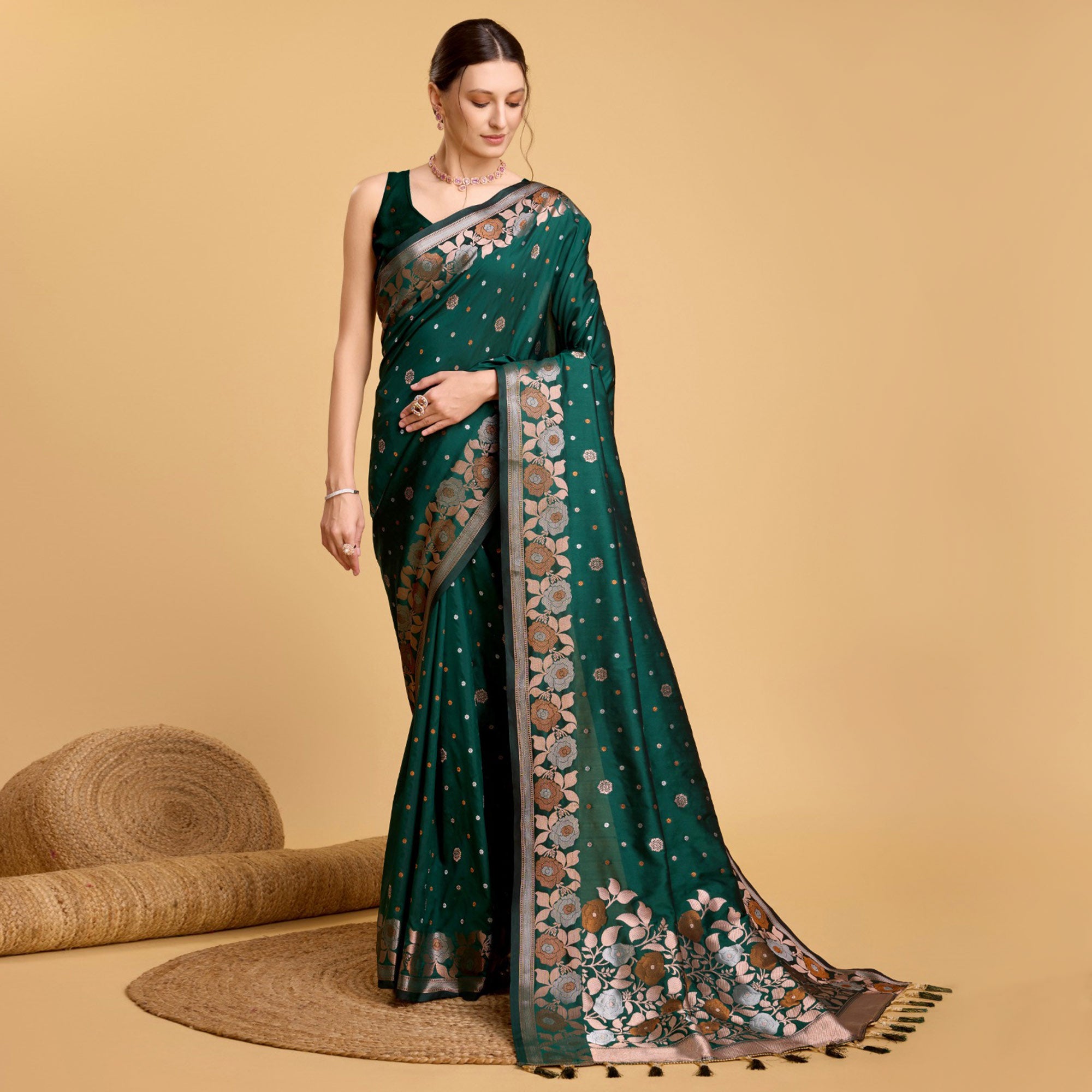 Green Floral Woven Banarasi Silk Saree