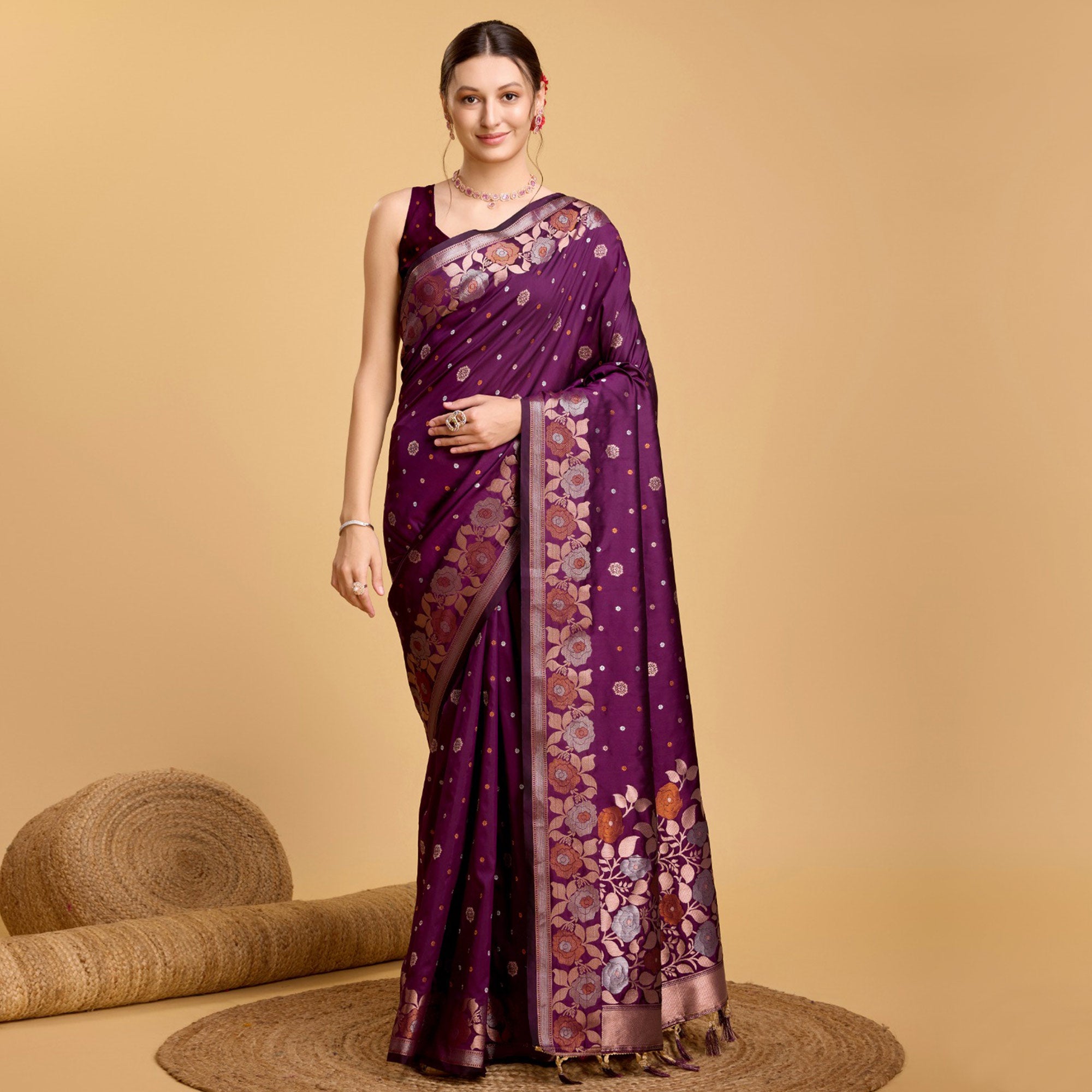 Purple Floral Woven Banarasi Silk Saree