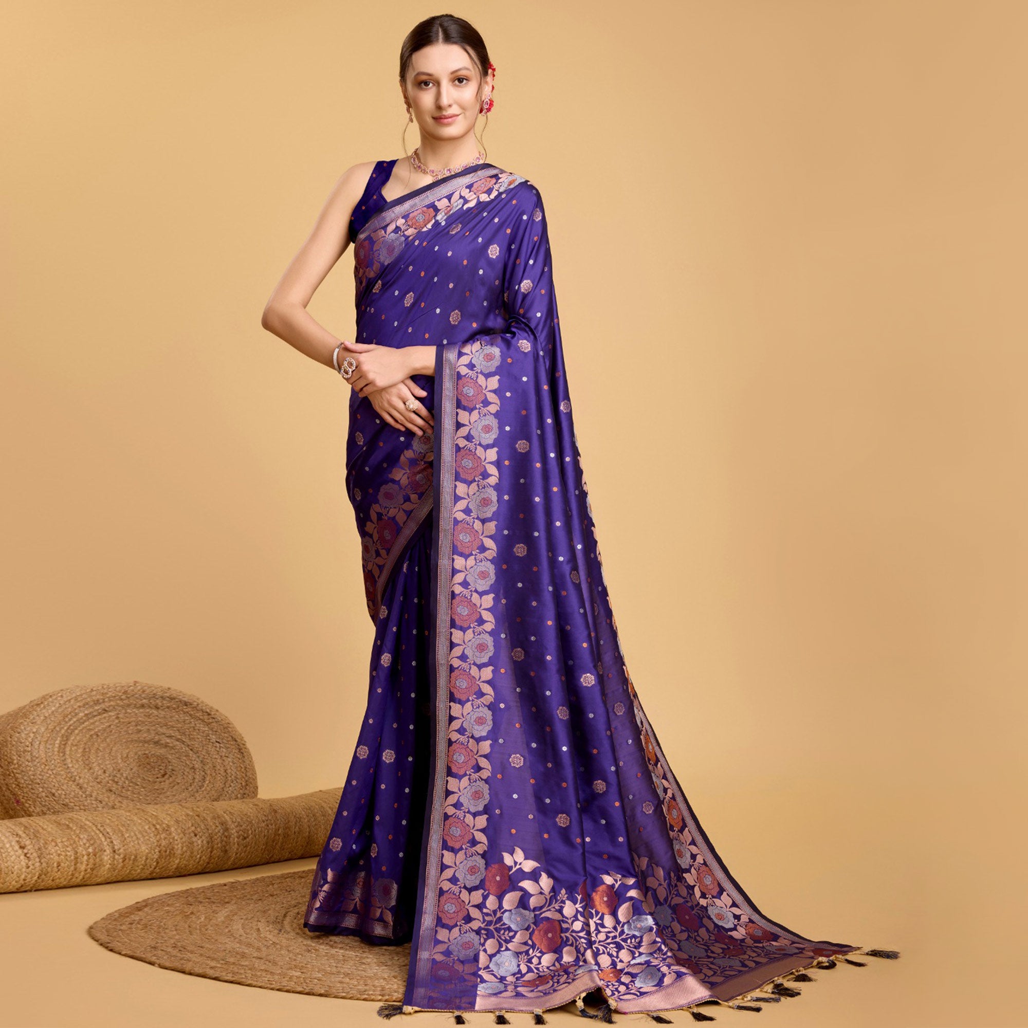 Violet Floral Woven Banarasi Silk Saree