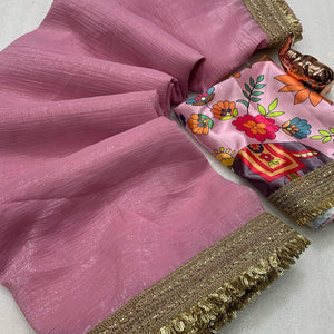 Onion Pink Solid Fancy Fabric Saree With Zari Sequins Lace Border