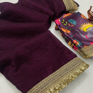Wine Solid Fancy Fabric Saree With Zari Sequins Lace Border