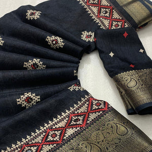 Black Printed With Mirror Work Crepe Saree With Tassels